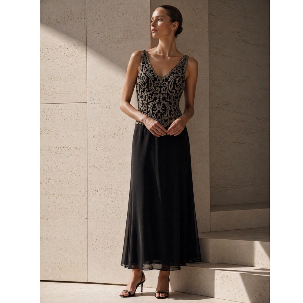 VINTAGE Y2K JKARA NEW YORK Black‎ Beaded Overlay MAXI Formal Gown Dress 10